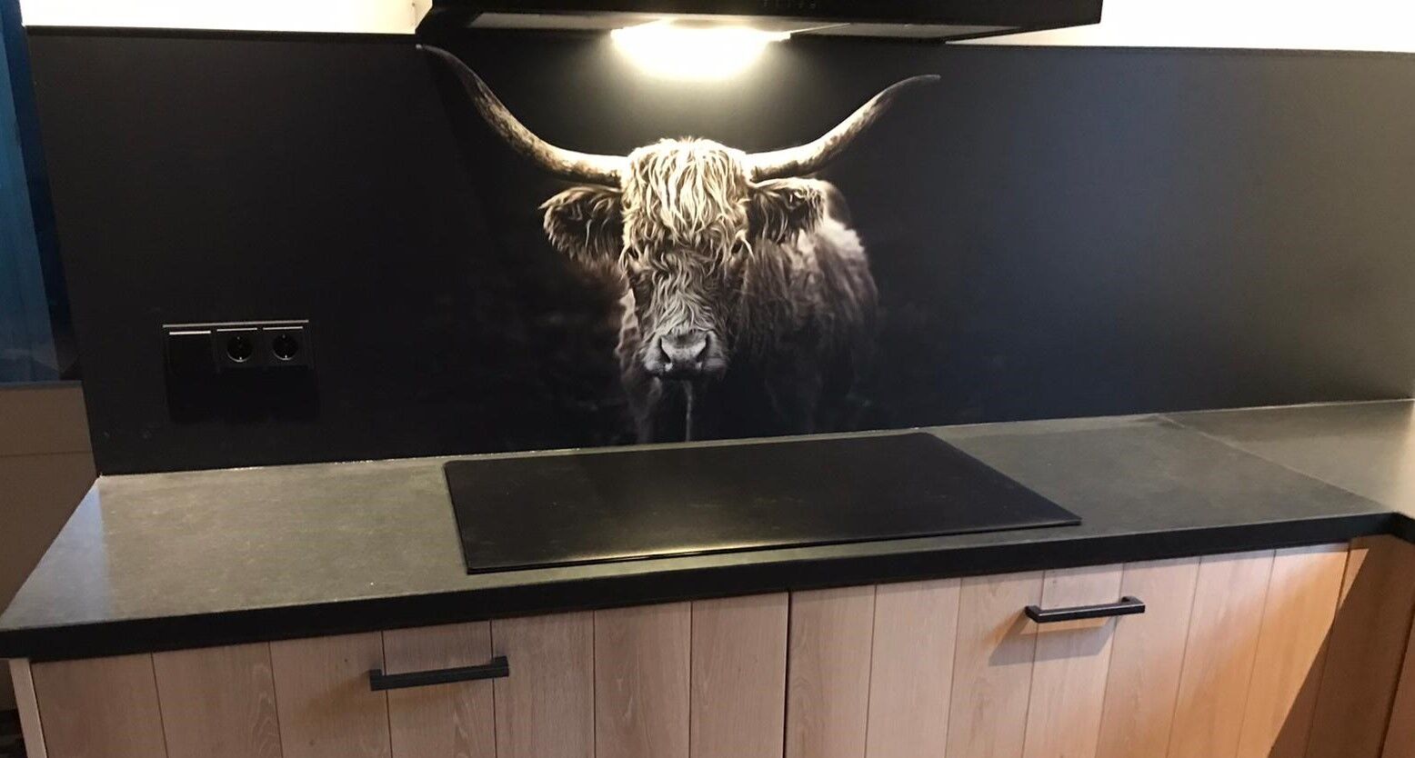 Schotse_hooglander_zwart-wit_brede_keukenachterwand