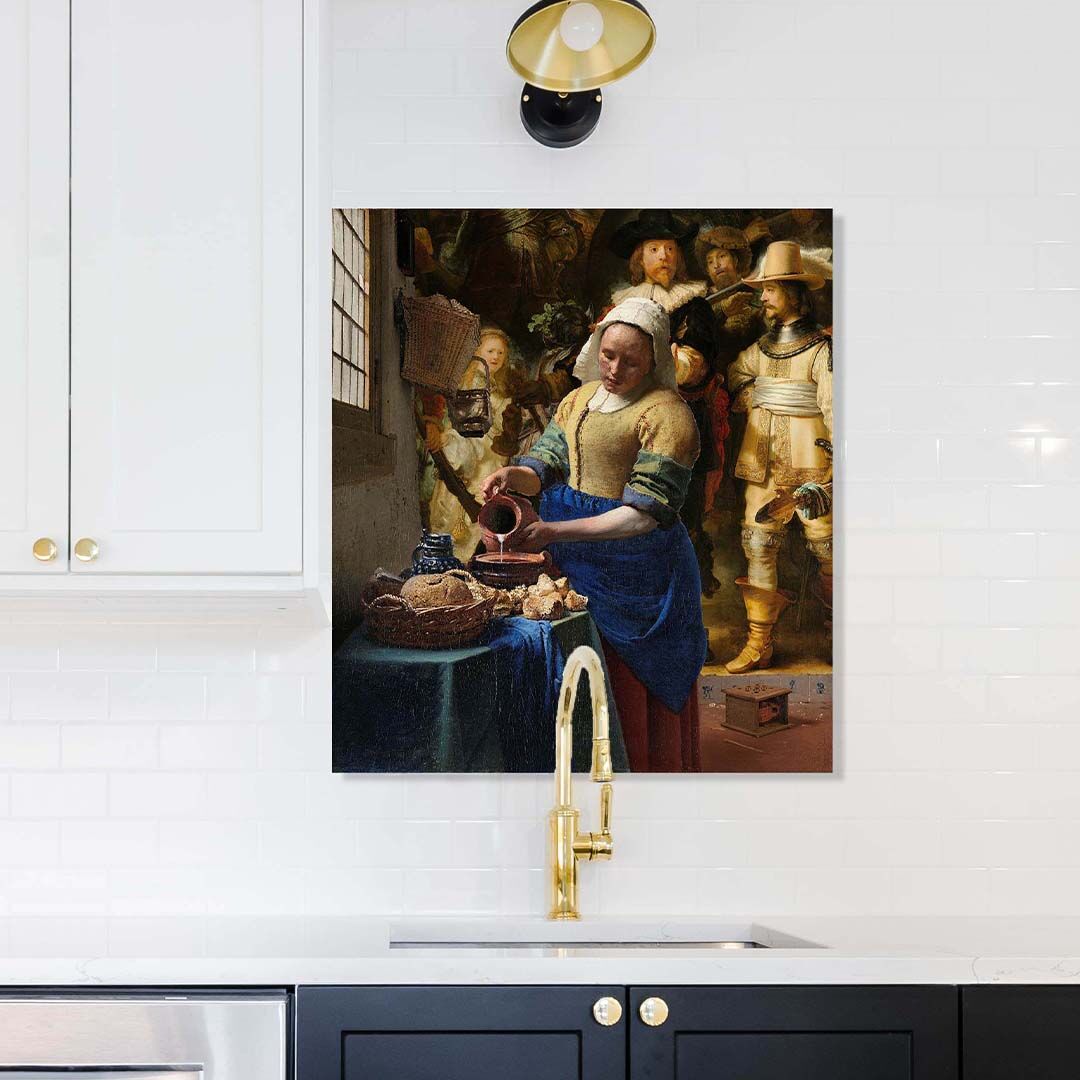 Kunstinjkeuken_keukenachterwand_spatscherm_rembrandt_melkmeisje_nachtwachtachtergrond