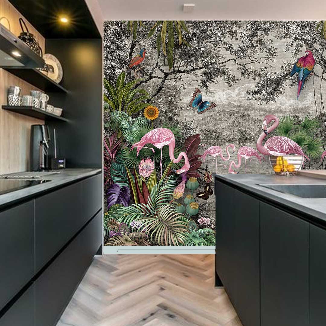 Achterwand met pentekening van Oude Meester met Paradijs vogels - Afbeelding 3