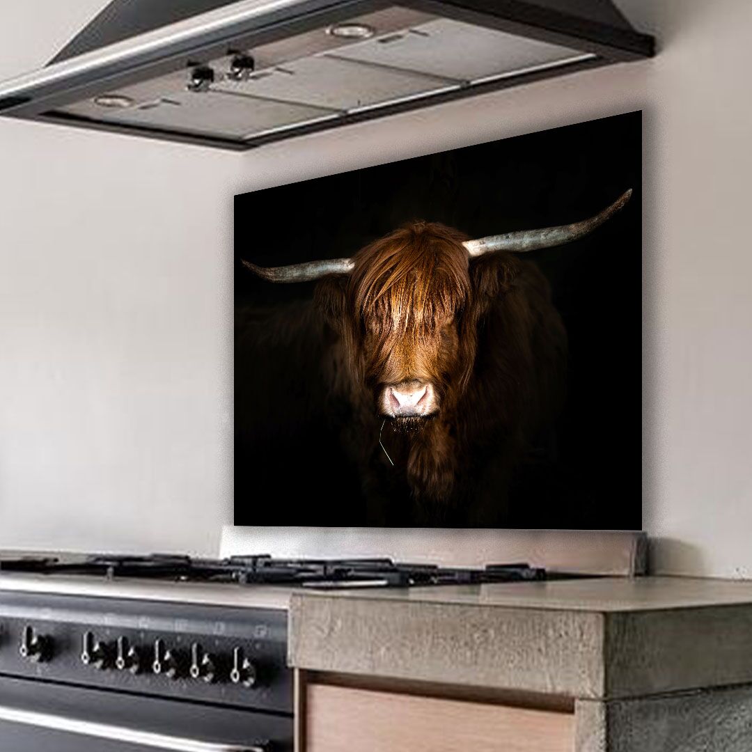 Kunstinjekeuken_keukenachterwand_spatscherm_hooglander en grasspriet